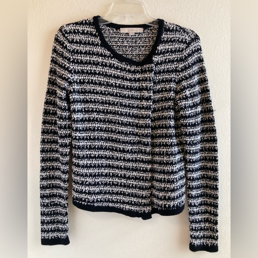 LOFT Black White Bouclé Sweater Jacket Size M Moto Style Zip